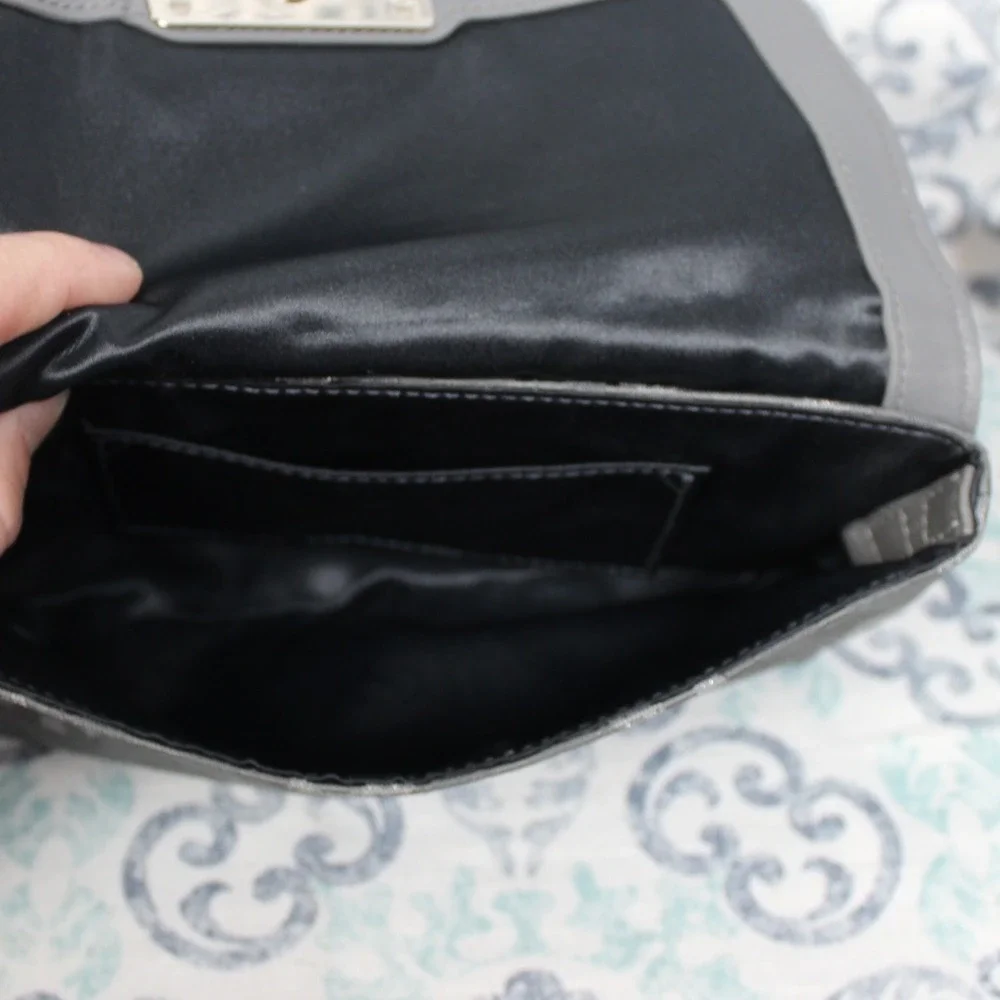 Coach Signature C Monogram Wristlet Clutch Gray Silver Metallic Leather Trim‎